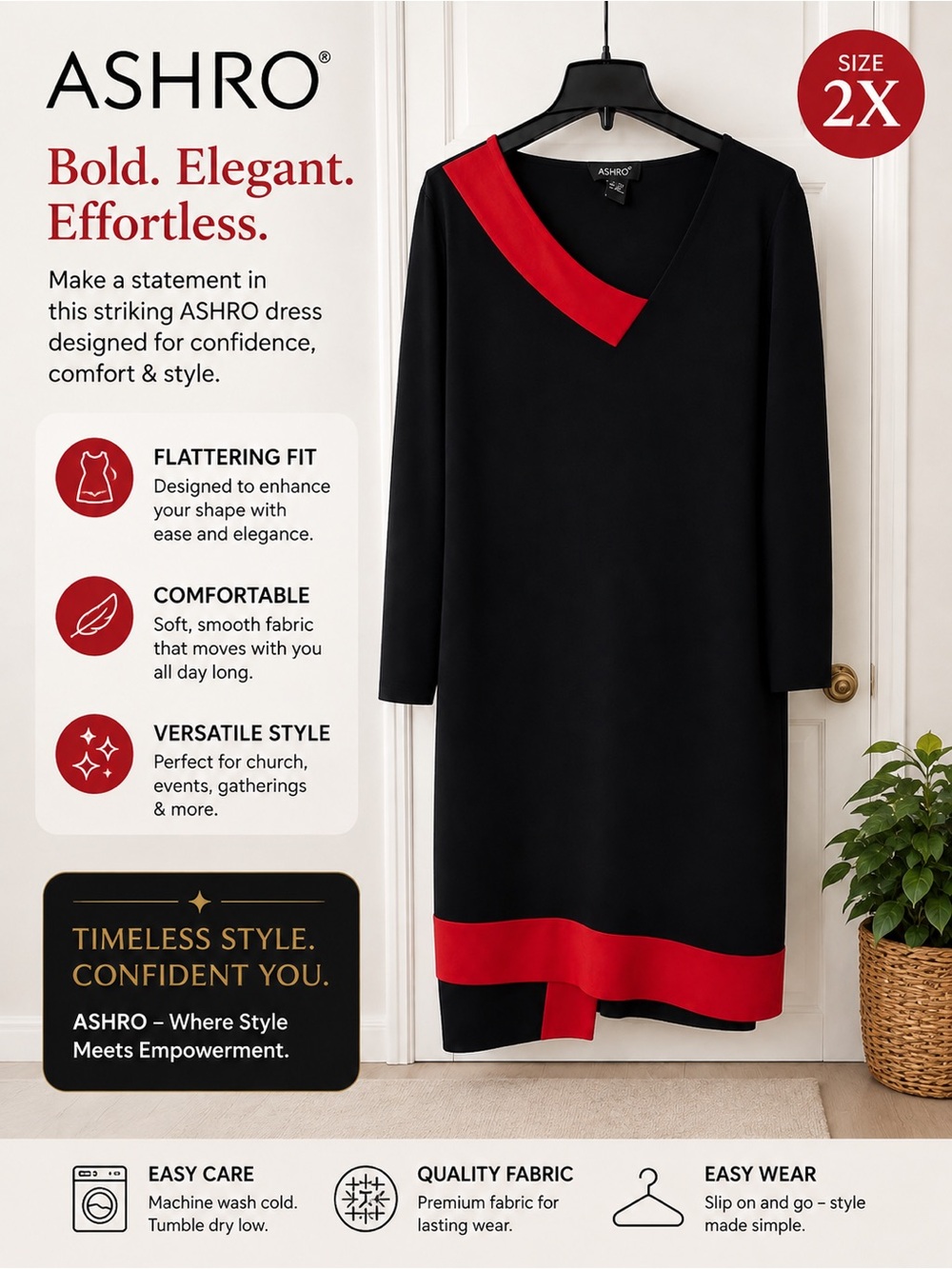 Ashro Black Dress with Red Accent V-Neck and Hem